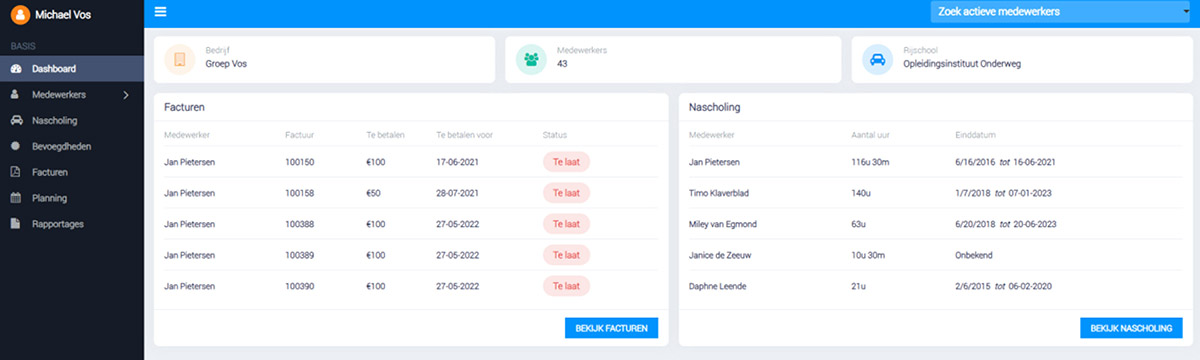 Screenshot van het bedrijvenportaal met overzicht van certificaten, nascholing en rapportages.